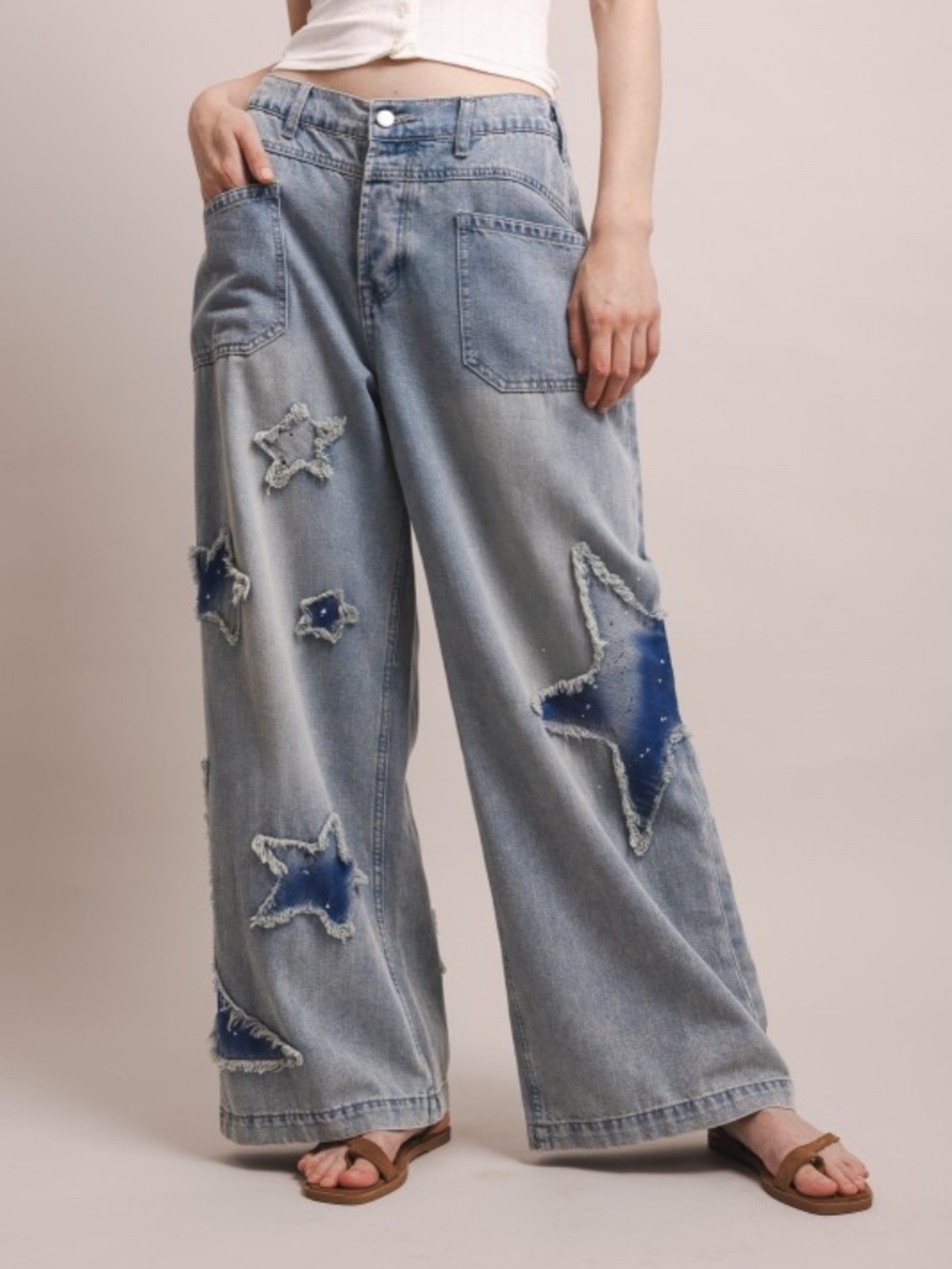 Blue Velvet Star And Moon Wide Leg Denim Pants
